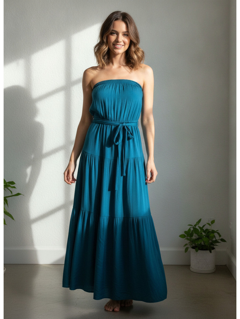 Naked Zebra Strapless Maxi Dress with Tie Waist in Teal Blue Large